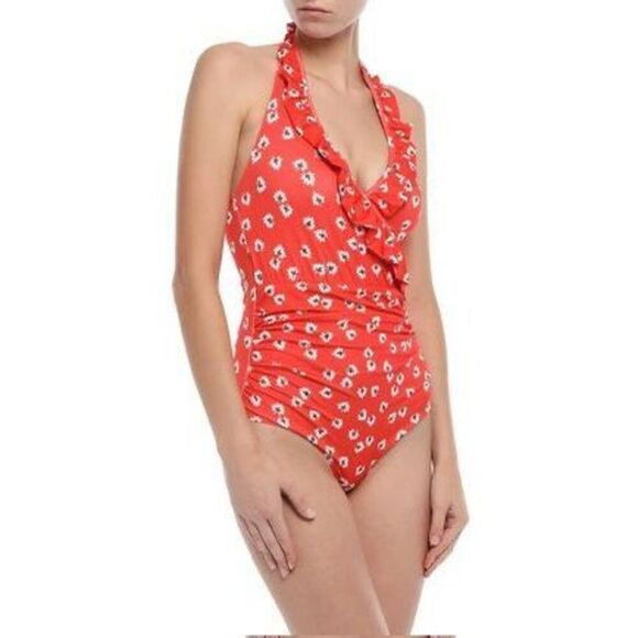 NEW COLUMBINE WRAP-EFFECT FLORAL-PRINT HALTERNECK SWIMSUIT IN TOMATO RED 38/M/6